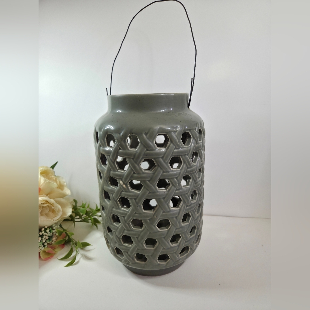 Gray Ceramic Lantern with Handle. Lantern Garden Decoration. Hanging Planter.